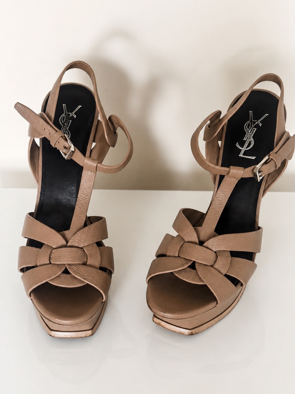 Saint Laurent Tan Knotted T‑Strap Platform Heels